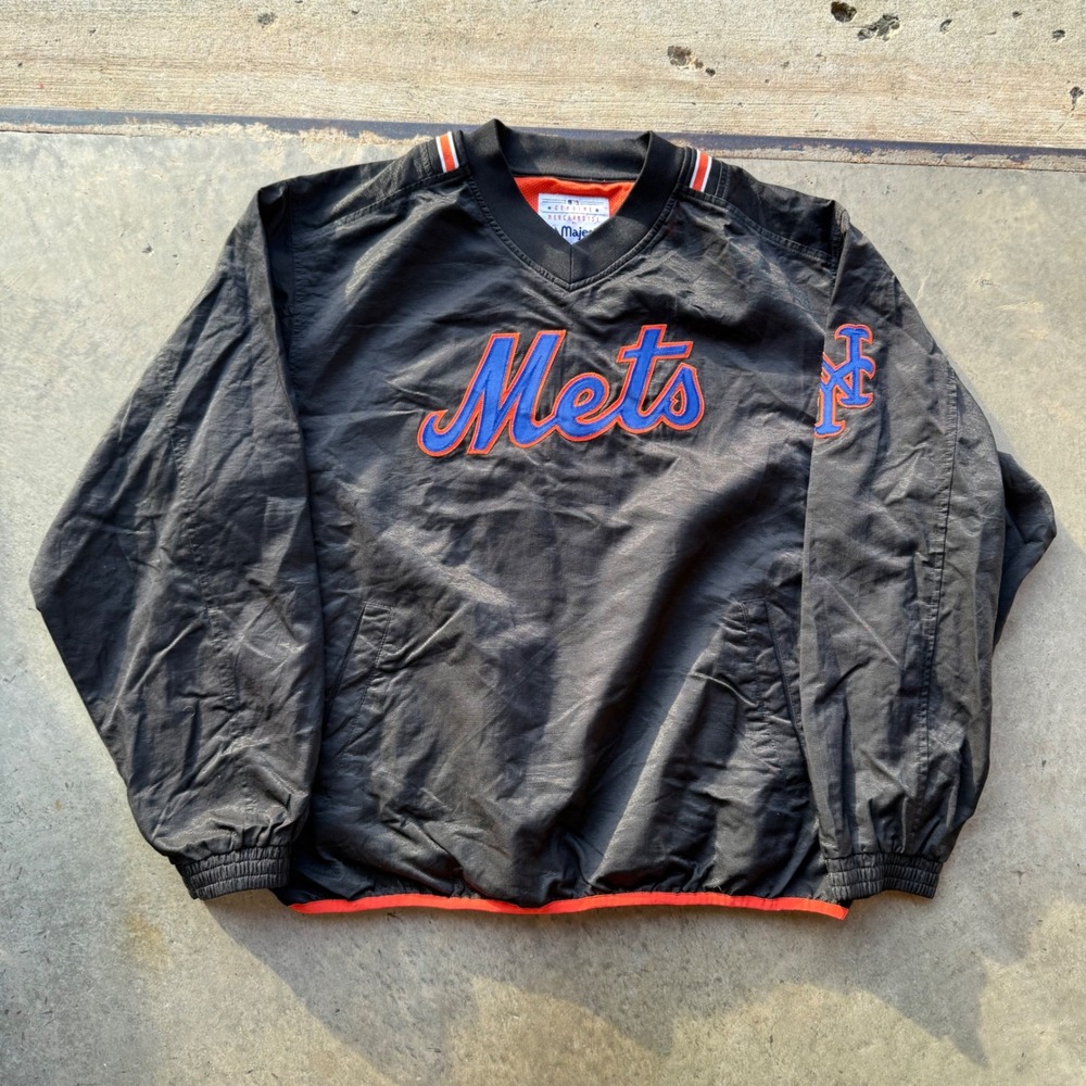 Majestic New York Mets Mens Large Black V-Neck Windbreaker Pullover Jacket MLB